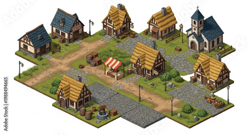 Medieval village isometric vector set, ancient town buildings with timber frames and thatched roofs, fantasy RPG map construction kit