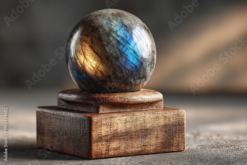 Mystic Orb on Wooden Stand: The mystical allure of a labradorite sphere radiates an ethereal light, resting upon a handcrafted wooden stand, capturing the essence of wonder and serenity. 