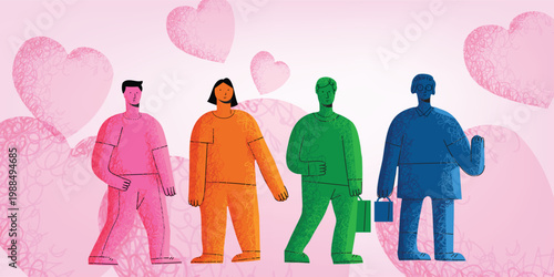 Colorful people of different ethnic, sign, symbol and icon message vector illustration. Symbolizing unity, diversity, love, support, and togetherness in a playful minimalist style.