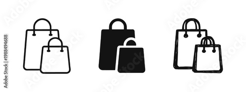 Set of shopping bag icons in outline, solid, and hand-drawn styles for retail and commerce