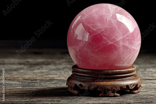 Rose Quartz Orb: A mesmerizing rose quartz orb rests upon a wooden stand, its soft pink hues and intricate veining capturing the eye against a backdrop of mystery.