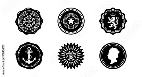 Vintage wax seal stamps collection, 6 black heraldic wax seals and royal insignias, antique heraldry vector elements for luxury branding