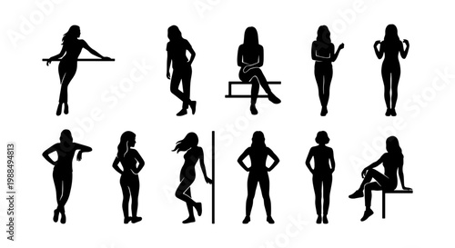 Black silhouette woman set, 11 female silhouettes in various poses, standing and sitting girl vector collection, fashion model outline shapes