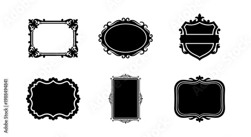 Vintage ornate frame collection, 6 black decorative border vectors, elegant baroque mirror silhouettes, classic heraldic shield and label set
