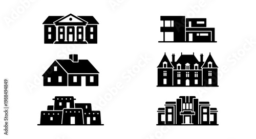 Architectural house styles icon set, 6 black vector building silhouettes, residential property types including modern villa and classic mansion