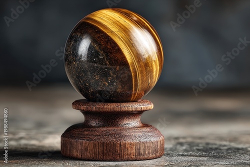 Mystic Orb: A polished tiger's eye sphere rests gracefully on a wooden stand. The orb's golden and brown hues create an enchanting atmosphere of introspection and reflection.