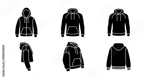 Black hoodie vector icons set, hooded sweatshirt apparel templates in front back and side views, 6 clothing garment flat silhouettes