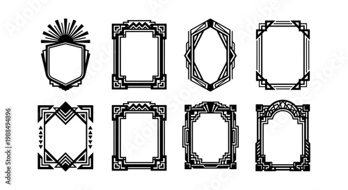 Art Deco vintage frames collection, set of 8 geometric border vectors, black Gatsby style ornamental labels, elegant 1920s decorative frame elements