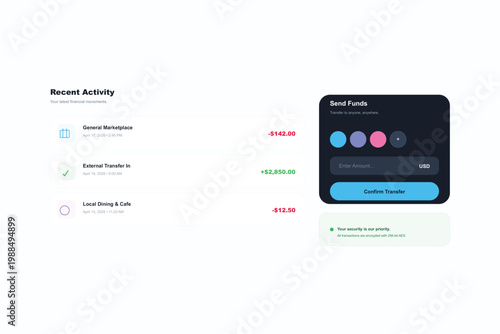 Mobile app interface, dashboard UI, recent activity screen, dark mode design, user experience