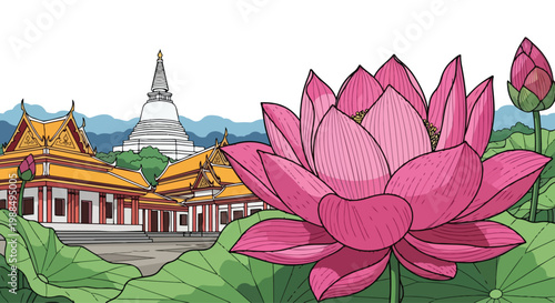 Serene Thai Temple and Pink Lotus Flowers Flat 2D Illustration for Buddha Day