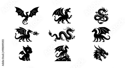 Mythical dragon silhouettes set, 9 black fantasy creature icons, medieval dragon vector collection, flying and fire breathing dragon illustrations