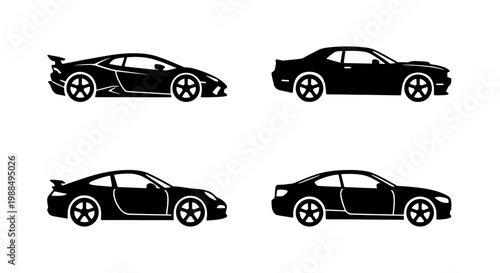 Modern sports car silhouettes set, 4 black vector car icons, high performance automotive profile collection, sleek racing vehicle side view graphics