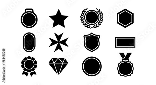 Minimalist black award icons set, 12 vector medal and trophy symbols, flat achievement badges and geometric reward shapes for gaming and business