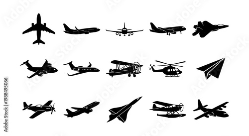 Black airplane silhouettes set, 15 aircraft icons including commercial jet, helicopter and fighter plane, aviation transport vector elements