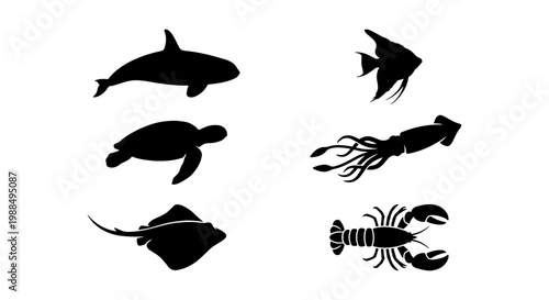 Marine life silhouette collection, 6 sea animal vector icons, black aquatic creature shapes including whale, turtle, stingray, squid, and lobster