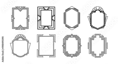 Art Deco frames collection, set of 8 geometric vintage borders, elegant black line art deco labels, decorative 1920s style vector frames for wedding invitations