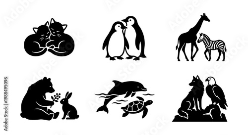 Minimalist animal silhouettes collection, black and white wildlife icons set, 6 vector illustrations of wild and domestic animals for logo design