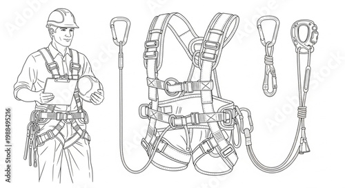 Safety harness and lanyard equipment for construction worker protection.