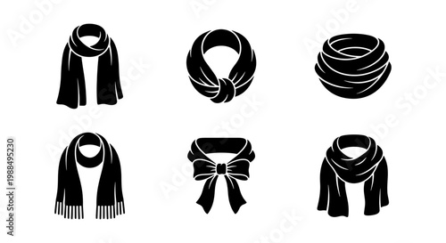 Black scarf icon set with 6 vector elements, winter neckwear silhouettes, fashion accessory collection for cold weather apparel design