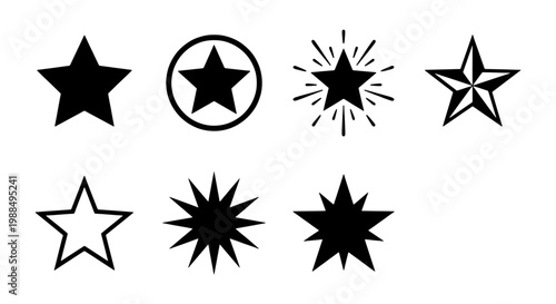 Minimalist black star icon set, collection of 7 geometric star shapes and symbols, flat vector star silhouettes for rating and rewards
