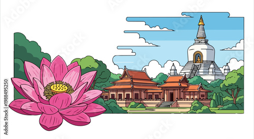 Vesak Day Buddhist Temple and Lotus Flower Flat 2D Illustration