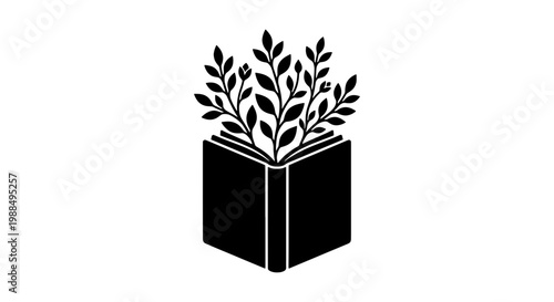Minimalist book icon with growing plant leaves, black silhouette of open book and organic foliage, literary education and nature concept vector