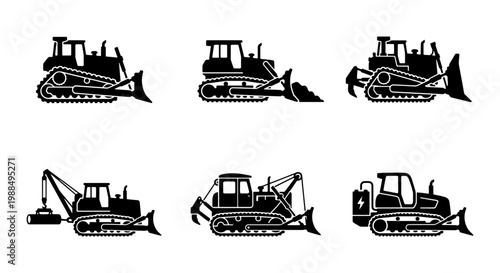 Heavy construction bulldozer icons set, black silhouette crawler tractors and earthmoving machinery, industrial bulldozer vector collection for engineering