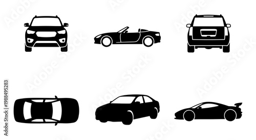 Black car icons set, minimalist vehicle silhouettes including SUV, sedan and sports car, 6 vector automobile symbols for transport maps and infographics