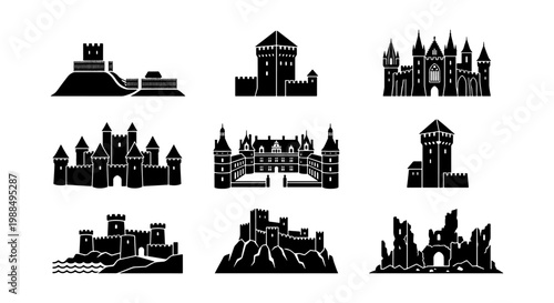 Medieval castle silhouettes set, 9 black vector icons of European fortresses and royal palaces, ancient stone citadel and ruin ruins graphics