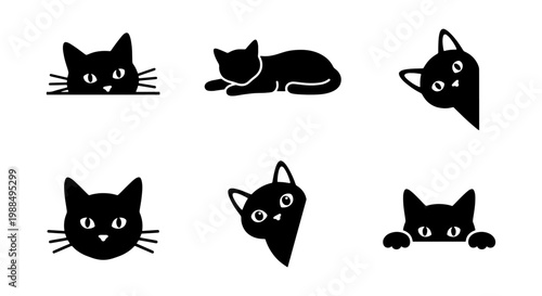Minimalist black cat silhouette vector set, 6 peeking cat icons and feline head illustrations, cute kitten characters for logo and sticker design