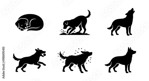 Minimalist dog silhouette icons, set of 6 black canine vector illustrations, domestic pet behavior and puppy action poses for veterinary branding