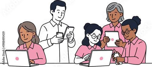 Diverse office team using laptops and smartphones vector illustration