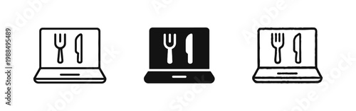Online food ordering laptop icon with fork and knife symbols for digital menus