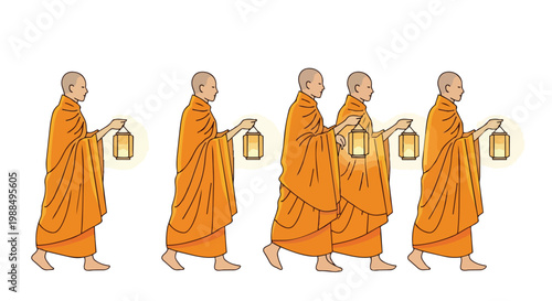 Buddhist Monks Walking with Lanterns for Vesak Day Celebration Illustration