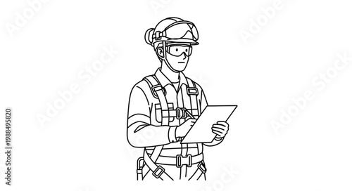 Safety inspector in protective gear reviewing documents on site.