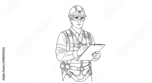 Safety inspector in protective gear reviewing documents on site.