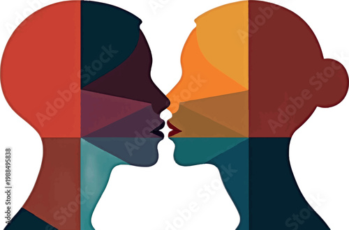 Kissing couple, love, relationships, geometric art, colorful vector illustration, romantic, people, human faces