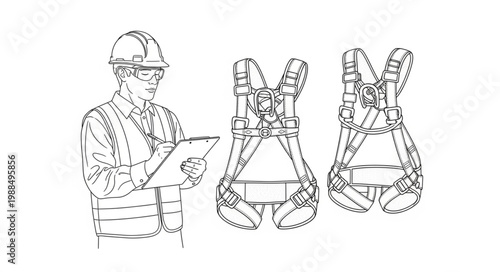 Safety inspector reviewing fall protection equipment and safety harness.