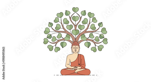 Peaceful Buddha Meditation Under Bodhi Tree Flat 2D Illustration