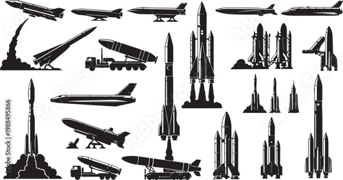 Airplane, rocket, spacecraft vector icons, 30 black silhouettes, transportation symbols, aviation collection