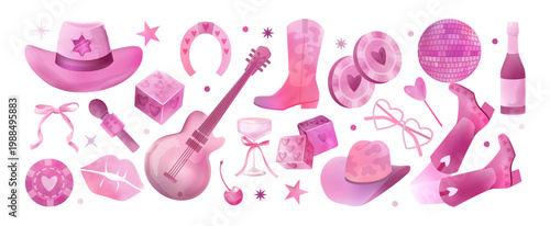 Disco cowgirl set. Pink watercolor party stickers, western girly boots or vintage ball and drink. Bachelorette in Vegas. Guitar festive music isolated decorative elements. Vector print