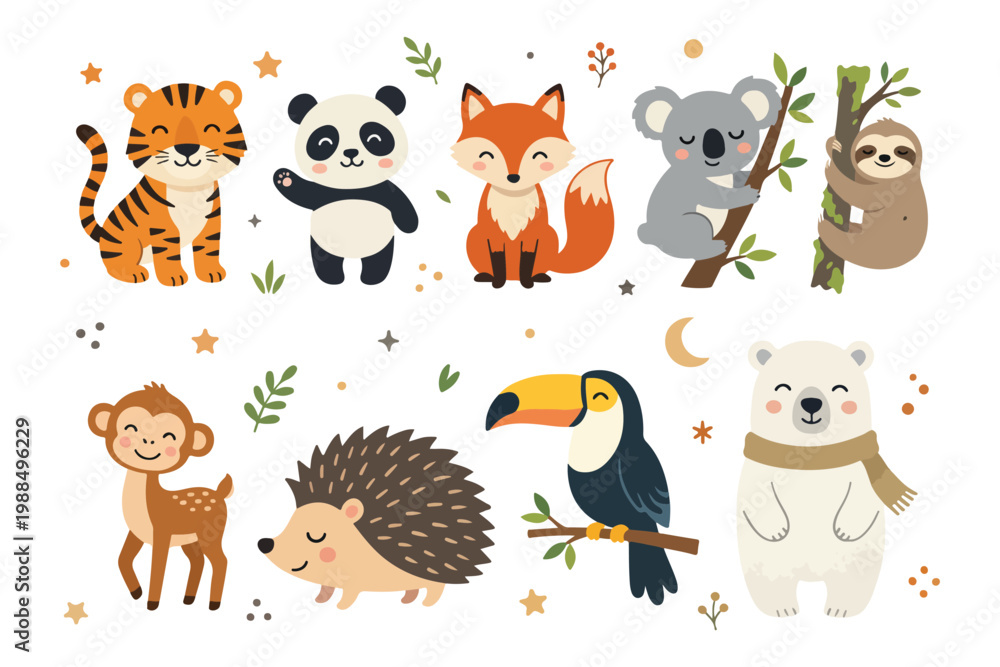 Fototapeta premium Adorable animals vector collection including a tiger, panda, fox, koala, sloth, hedgehog, toucan, and polar bear. ideal for nursery wall art, children's stationery, baby shower invitations