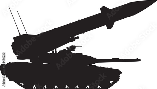 Black silhouette military tank, missile launcher, armored vehicle, combat machine