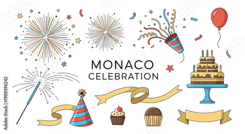 Schilderij op canvas Monaco Celebration Elements Collection Festive Party Icons.