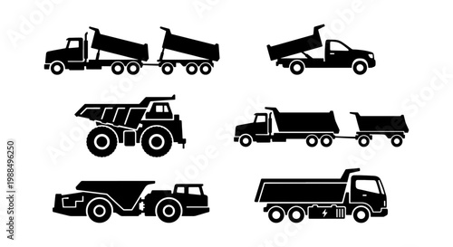 Heavy construction dump truck silhouettes, set of 6 industrial tipper truck icons, commercial hauling vehicle vector graphics for logistics and mining