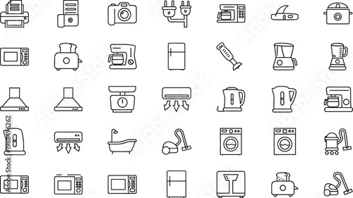 Home Appliance Outline Icons Collection with Kitchen Devices Electronics and Household Equipment Line Art Vector Illustration Set