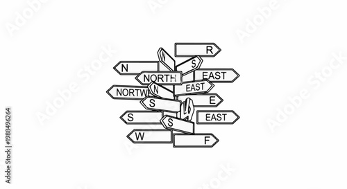 A cluster of directional signs points in various directions, some with full words