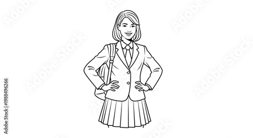 Schoolgirl in Uniform Poses Confidently with Backpack.