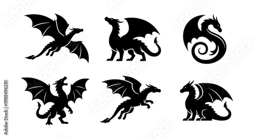 Mythical dragon silhouettes set, 6 black dragon vector icons, fantasy creature mascot collection, flying and standing dragon graphic elements