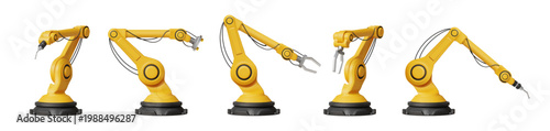 3D robot arm. Machine factory industry. Mechanic hand for automated manufacture or hydraulic crane tool. Production assembly line equipment. Conveyor manipulator. Vector isolated set